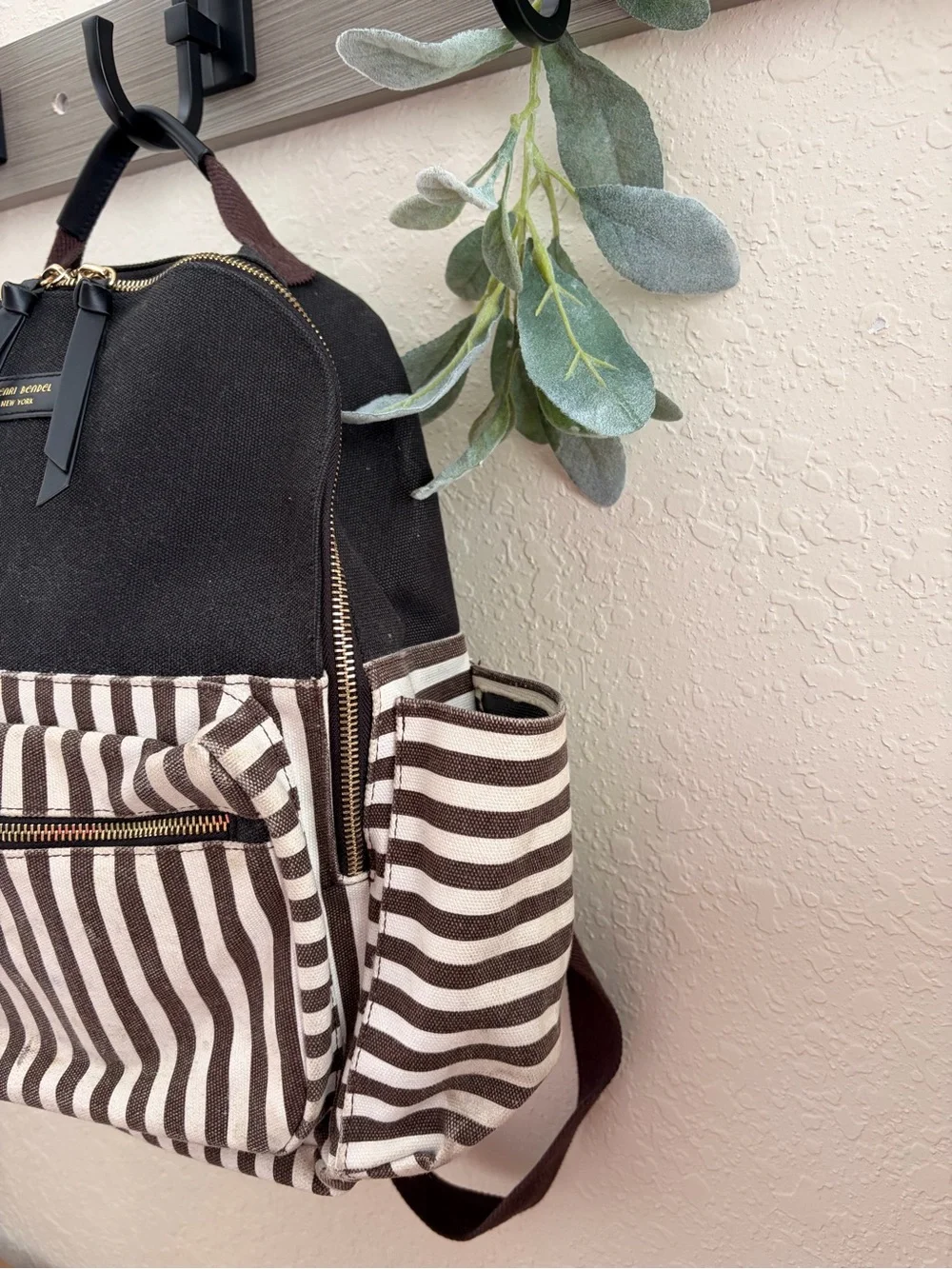 Henri Bendel Brown Stripe Backpack, Travel Backpack, Structurally Excellent